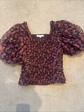 Ivy City Co Burgundy Floral Smocked Puff-Sleeve Blouse